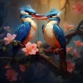 Pair parents of lovely vivid blue birds with bright brown belly carrying fresh fish in their mouth to feed