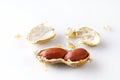 Pair of peanut nuts are in half shell with fragments, isolated on white background