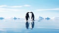 Pair of penguins float on the ice floe in the Southern Ocean in search of food. The effects of global warming, melting glaciers,