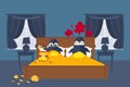 Pair penguins have rest in bedroom, vector illustration. Character with mustache eats meat and chips in bed, annoying