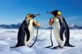 A pair of penguins standing side by side on a snowy surface, Penguins communicating by their unique calls, AI Generated