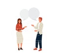 Pair people talking vector background. Young couple man and woman laughing and communicate. Speech bubble over