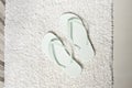 Pair peppermint flip-flops on white carpet in bathroom. Concept of cleanliness and personal care