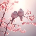 Pair of pigeons on a branch with pink sakura flowers on a winter morning, beautiful wallpaper, generative ai