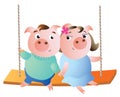 A pair of pigs on a swing.