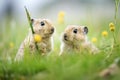 pair of pikas in grass, one calling