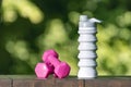Pair of pink dumbbells and silicone water bottle on yoga mat. Fitness and activity outdoors. Sport and healthy lifestyle concept.