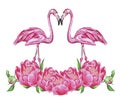 A Pair Of Pink Flamingos And A Bouquet Of Peonies. Watercolor. Illustration.