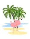 A pair of pink flamingos on the shore against the backdrop of palm trees. Print for T-shirts, towels, bags, etc.