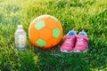 Pair of pink girl sneakers shoes, child fabric soft soccer ball and bottle of water in green grass