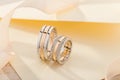 Pair of pink gold and white gold wedding ring with diamonds on f