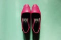 Pair of pink lady shoes on green background Royalty Free Stock Photo