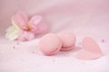 Pair of pink macaroons closeup, heart and flowers, romantic delicate pastel background. Concept of love, greetings