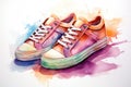 Pair of pink sneakers against a vibrant, multicolored paint splash background. In watercolor style. Ideal for ads