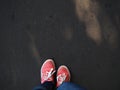 a pair of pink sneakers on the wet asphalt Royalty Free Stock Photo