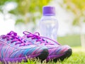 Pair of pink sport shoes and water bottle on green grass field. In the background forest or park trail. Accessories for running sp Royalty Free Stock Photo