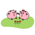 Pair of a Pink Vector fat pigs girl and boy sitting on green grass with red flowers on a white background Royalty Free Stock Photo