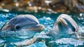 Pair of playful friendly dolphins surfacing from the shimmering aquamarine waters with their heads visible above the surface