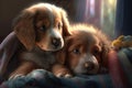 Pair of Playful Puppies Cuddled Together in a Colorful Dog Bed