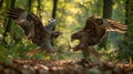 A pair of playful raptors tussle on the forest floor practicing their hunting tactics and communication skills Royalty Free Stock Photo