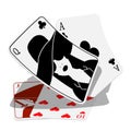 Pair of playing cards, queen of clubs and ace, beat weak pair of jack and ten of hearts. Gambling and casino. Cartoon Vector