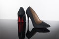 Pair of pointed woman shoes with black soles red high heels Royalty Free Stock Photo