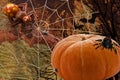 A pair of predatory spiders on the hunt with a net a spider web for flies and a pair of bats with an orange pumpkin in the Royalty Free Stock Photo