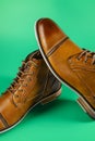 A pair of premium calfskin boots on a green background. Vertical shot.