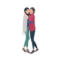 Pair of pretty young women standing together and hugging. Close friends or sisters embracing and laughing. Flat female