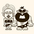 Pair of primitive man and woman dressed in fur clothes and standing together. Romantic couple from Stone Age, Vector illustration