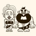 Pair of primitive man and woman dressed in fur clothes and standing together. Romantic couple from Stone Age, Vector illustration