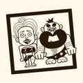 Pair of primitive man and woman dressed in fur clothes and standing together. Romantic couple from Stone Age, Vector illustration