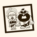 Pair of primitive man and woman dressed in fur clothes and standing together. Romantic couple from Stone Age, Vector illustration