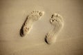 Pair prints of female legs on sand