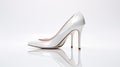 a pair of pristine white high heel bridal shoes on a white surface for a minimalistic, elegant composition that embodies