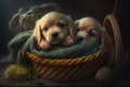 pair of puppies snuggled up in a woven basket with chew toys and a bone scattered around them