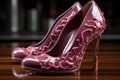 A pair of purple high heeled shoes with pink designs. Generative AI image.