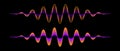 Pair of purple orange gradient sound waves. Two neon pink yellow sinusoid lines. Voice or music audio design element for