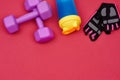 Pair of purple plastic dumbbell, gloves and a blue bottle of water for sports Royalty Free Stock Photo