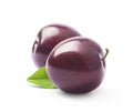 Pair of purple Plums with leaf isolated on white background Royalty Free Stock Photo