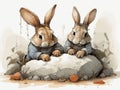 pair of rabbits sitting on top of a rock