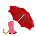 A pair of rainboots and an umbrella on a white background Royalty Free Stock Photo