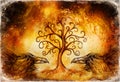 Pair of ravens with tree of life symbol. Royalty Free Stock Photo