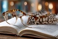 Open book, glasses, and feather on wooden table Royalty Free Stock Photo