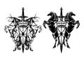 Black and white vector heraldry with shield, sword, crown and pair of rampant unicorn horses