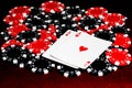 A pair of red aces, diamonds and hearts, on a pile or red and black clay poker chips all on dark red felt surface..  Room for copy Royalty Free Stock Photo