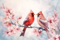 Pair of red birds Northern Cardinals in spring nature. Pastel color style in pink tones - Generative AI Royalty Free Stock Photo