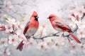 Pair of red birds Northern Cardinals in spring nature. Pastel color style in pink tones - Generative AI Royalty Free Stock Photo