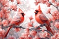 Pair of red birds Northern Cardinals in spring nature. Pastel color style in pink tones - Generative AI Royalty Free Stock Photo