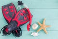 Pair of red and black flippers with seashells Royalty Free Stock Photo